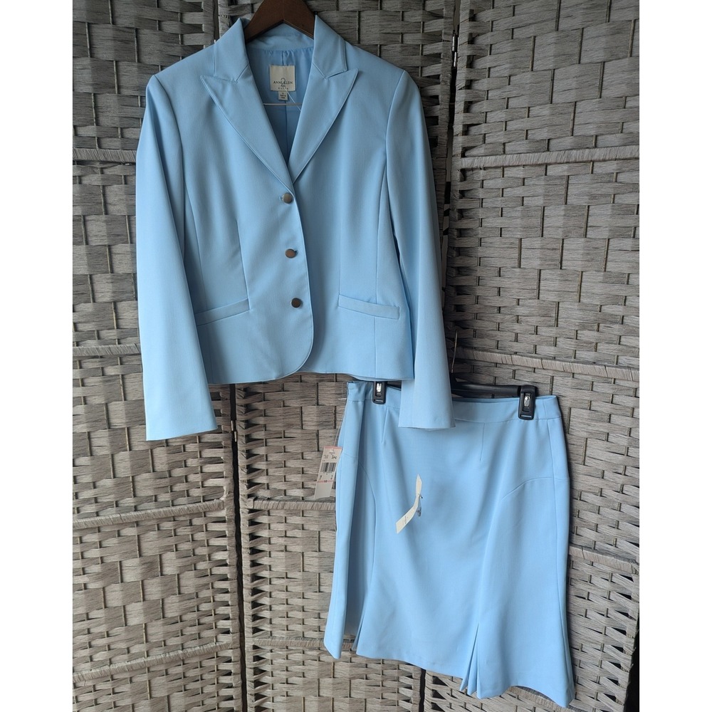 Anne Klein 2 Light Blue Skirt Suit Set Blazer Pleated Skirt Pastel Power Suit